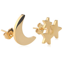 High Polished Gold Plated Multi Element Moon Star Ear Stud Stainless Steel Earring Gift